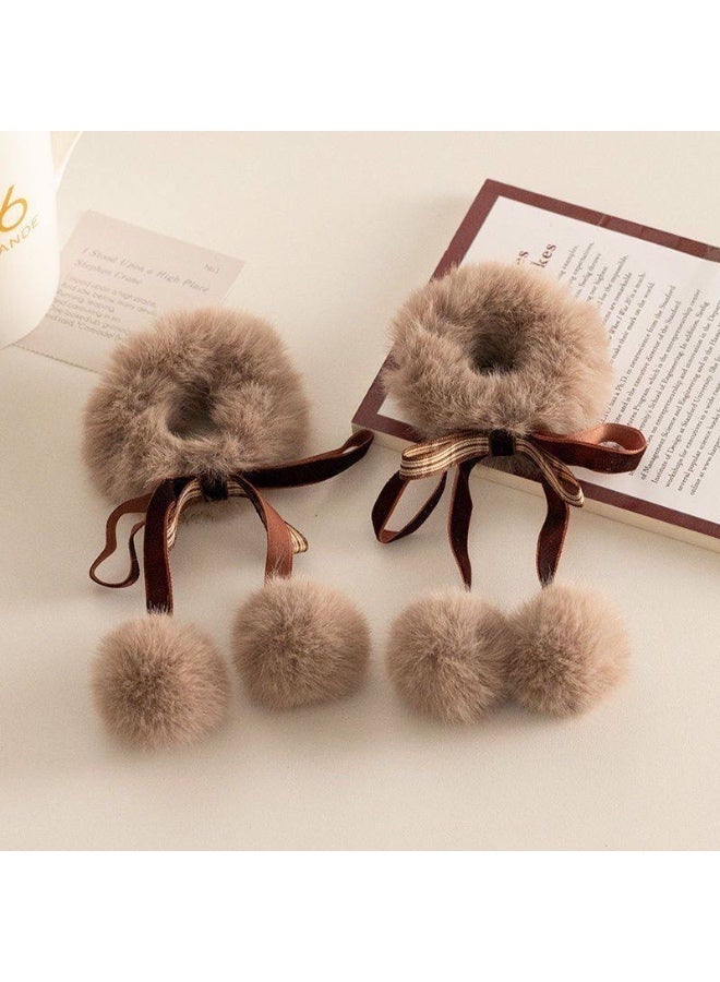 Soft Fur Hair Tie Set of 2 Pieces, Featuring an Elegant Design Decorated with a Bow. Provides a Secure Hold and Is Suitable for Daily Use and Special Occasions, Adding a Chic and Soft Touch to Any Look. Available in Multicolour. - Image 1